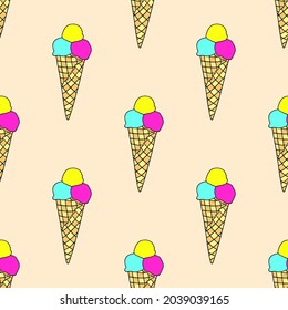 Bright seamless illustration with ice cream in a waffle glass. Summer dessert. Vector drawing.