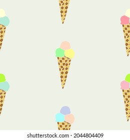 Bright seamless illustration with ice cream in a waffle glass. Vector drawing.