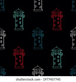 Bright seamless illustration with lighthouses on a black background. Vector drawing.