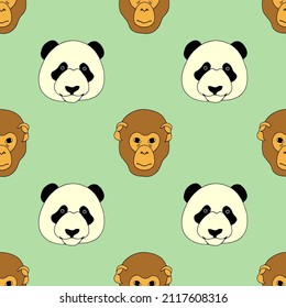 Bright seamless illustration with pandas and monkeys. Vector drawing.