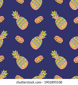Bright seamless illustration of pineapple and pineapple slices.