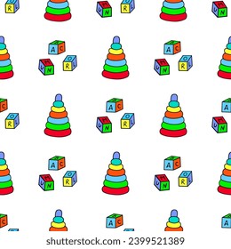Bright seamless illustration with pyramids and cubes on a white background. Children theme.