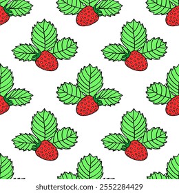 Bright seamless illustration with red strawberry berries. Vector drawing on a white background.