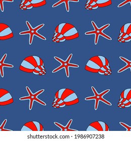 Bright seamless illustration with seashells and starfish. Vector drawing on the marine theme.