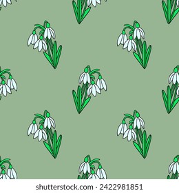 Bright seamless illustration with snowdrops. Easter.