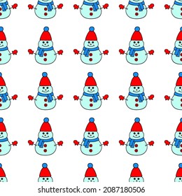 Bright seamless illustration with snowmen. Vector drawing on a white background.