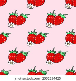 Bright seamless illustration with strawberry berries and flowers.