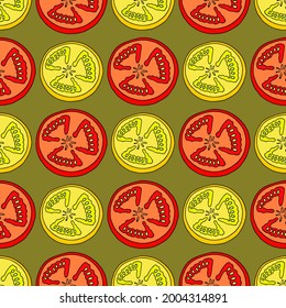 Bright seamless illustration with tomato slices. Vector drawing.