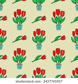 Bright seamless illustration with tulips in pots. Vector drawing. Easter.