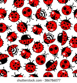 Bright seamless ladybird beetles pattern of crawling ladybugs over white background with shining red and black spotted wing covers. May be use as textile print or scrapbook page backdrop design