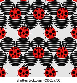 Bright seamless ladybird beetles pattern of crawling ladybugs  with shining red and black spotted wing covers. May be use as textile print or scrapbook page backdrop design