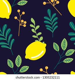 bright seamless lemon pattern with leaves on a dark blue background. interesting and modern, ideal for textiles and packaging paper. Drawn in adob illustrator. vector.