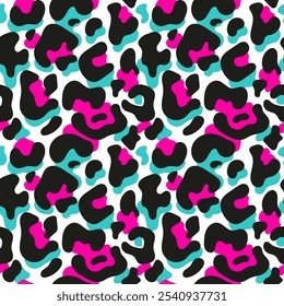 Bright seamless leopard pattern. Coloring of predatory animal. Modern fashionable background design. Repeating print for fabric, wrapping paper, textile, wallpaper