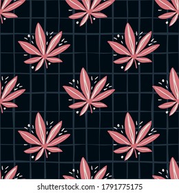 Bright seamless marijuana pattern. Black background with check and pink tones cannabis leaves. Great for wrapping paper, textile, fabric print and wallpaper. Vector illustration.