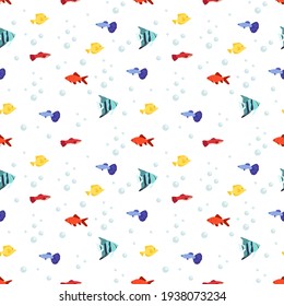 Bright seamless marine pattern with fish and bubbles. Cute summer print for textiles, wrapping paper and design. Vector illustration