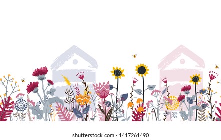 Bright seamless meadow border with beehives, bees, and flowers. Vector. Apiary concept. Doodle rural flowers and herbs. Sunny country day illustration for beekeeping and cards design.