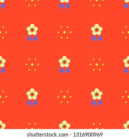 Bright seamless minimalist geometric pattern with small white flowers, blue leaves and neon green dots on bright red background. Repeat botanical pattern. Vector illustration.