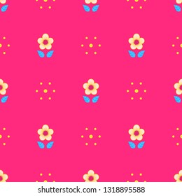 Bright seamless minimalist geometric pattern with small light yellow flowers, blue leaves and yellow dots on bright magenta background. Repeat botanical pattern. Vector illustration.