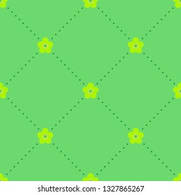 Bright seamless monotone minimalist symmetrical geometric dotted rhombus pattern with small lime green flowers on mint green background. Repeat monochrome botanical pattern. Vector illustration.