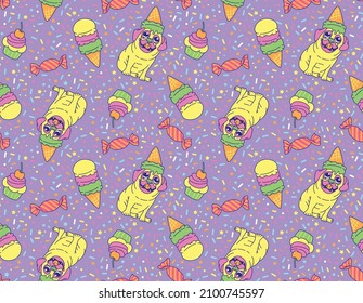 Bright seamless, multi directional tiled pattern textile print. Neon, party pug dog, confetti, sprinkles, ice cream, sweets, candy tiled background. Fun fluorescent colors.