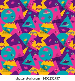 Bright seamless multi-colored pattern of geometric shapes-vector illustration. Background with geometric shapes, the design of the 80s . In the memphis group style retro card.