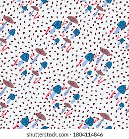 Bright seamless mushrooms pattern. Light background with dots. Navy blue fungus silhouettes. Decorative backdrop for wallpaper, textile, wrapping paper, fabric print. Vector illustration.