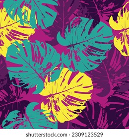 Bright Seamless Nature Tropic Garden Lines Design. Colorful Repetitive Elegant Hawaiin Monstera Leaves Art.  leaves pattern