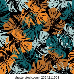 Bright Seamless Nature Tropic Garden Lines Design. Colorful Repetitive Elegant Hawaiin Monstera Leaves Art.   Exotic multicolored monstera leaves. Vector illustration.