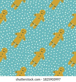 Bright seamless new year pattern with beige colored gingerbread man cookie silhouettes. Blue dotted background. Designed for wallpaper, textile, wrapping paper, fabric print. Vector illustration.