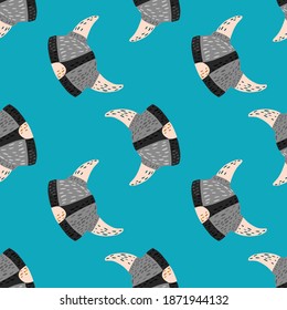 Bright seamless nordic pattern with grey colored viking helmet silhouettes. Blue background. History skull ornament. Great for fabric design, textile print, wrapping, cover. Vector illustration.