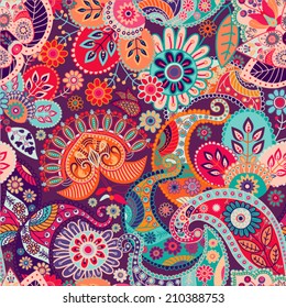 Bright seamless paisley pattern. Floral indian pattern. Colorful folk able ornament. Decoupage square paper. Stylized flowers and paisley wallpaper. Ethnic arabian pattern