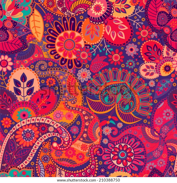 明るいシームレスなペイズリー柄 インドネシアバティック ペイズリーと花を様式化した赤い壁紙 花の様式化 ウェブ 布地 織物 カバー 招待状 ポスター 包装紙のデザイン のベクター画像素材 ロイヤリティフリー