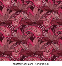 Bright seamless Paisley pattern. Pink Wallpaper with Paisley and Lotus, art print in vector
