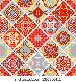 Bright seamless patchwork design with different patterns. Ceramic tiles.