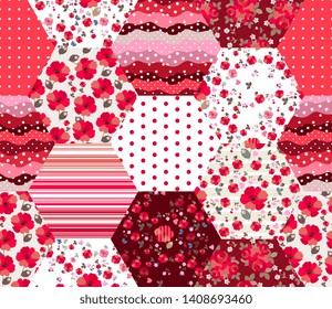 Bright seamless patchwork pattern in red colors. Patches with floral and geometric ornament. Trendy quilt design.