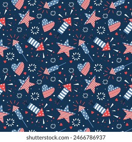 Bright seamless pattern for 4th of July. Hanndrawn vector design with American flag, stars, fireworks.