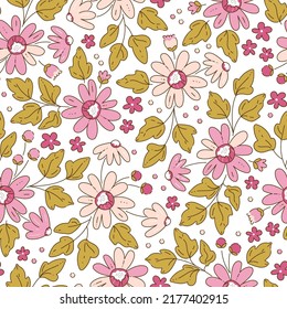 Bright seamless pattern with abstract daisies buds and leaves on a white background. Vector pattern for fashion fabric wallpaper and all prints. Trendy design.