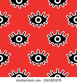 Bright seamless pattern of abstract eyes on a red background. Vector illustration 