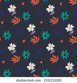Bright seamless pattern with abstract flowers on a dark blue background. Vector illustration.