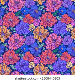 Padrão perfeito brilhante com flores abstratas na paleta de cores frescas. Fundo infinito. Padrão étnico sem emenda. Fundo do vetor.