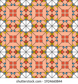 Bright seamless pattern of abstract geometric elements in ethnic style. A repeating tile of colored squares and rhombuses on an apricot background. Ideal for any of your bold designs or projects.