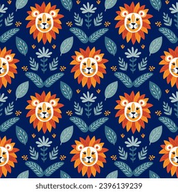 Bright seamless pattern with abstract lion and plants on blue background