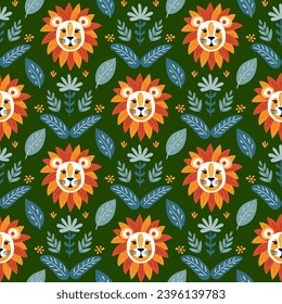 Bright seamless pattern with abstract lion and plants on green background