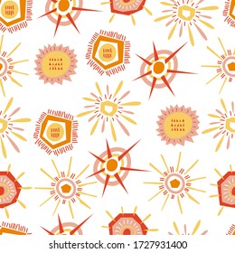 Bright seamless pattern with abstract suns in flat style. Vector weather background for wallpaper, fabric, textile design