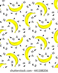 Bright seamless pattern, abstract yellow bananas, letters and triangles on a white background, flat modern style, memphis 80s, webpunk, print for fabric, wallpaper, curtains, posters, vector EPS8