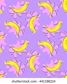 Bright seamless pattern, abstract yellow bananas and pink blots on a lilac background, flat modern style, memphis style 80s, 90s, webpunk, print for fabric, wallpaper, curtains, posters, vector EPS8