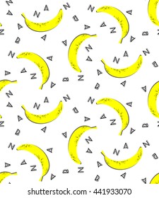 Bright seamless pattern, abstract yellow bananas, letters and triangles on a white background, flat modern style, memphis 80s, webpunk, print for fabric, wallpaper, curtains, posters, vector EPS8