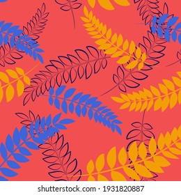 Bright seamless pattern with acacia leaves. Blue and yellow leaves in pink background. Vector illustration. Good print for wrapping paper, packaging design, wallpaper, ceramic tiles, and textile