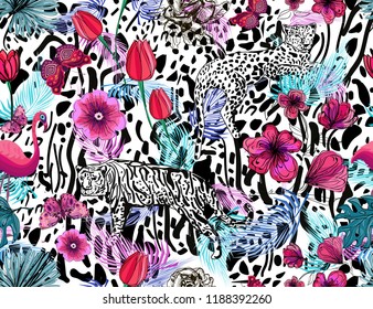 bright seamless pattern with african animals on leopard spots background, design for textile textures, vector illustration