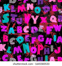 Bright seamless pattern with alphabet. Abstract background with letters for girls and boys. Pattern for sportswear, fashion textile, wrapping paper and more.
